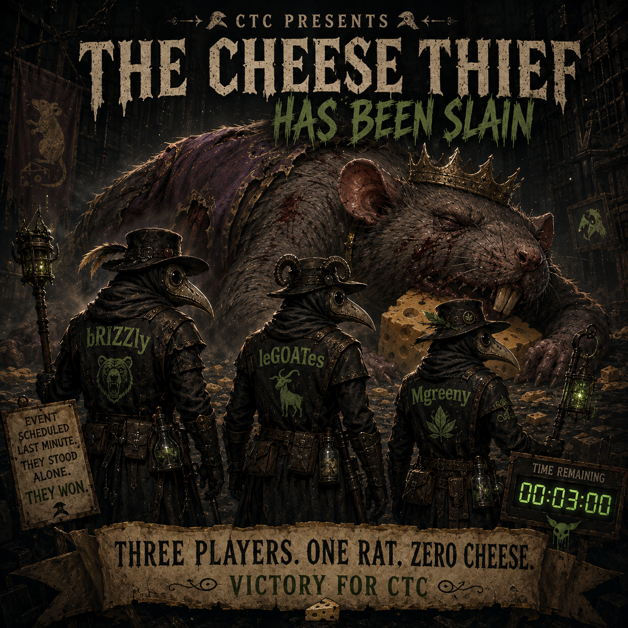 CTC Presents: The Cheese Thief Has Been Slain &mdash; bRIZZly, leGOATes and Mgreeny stand before the slain rat king
