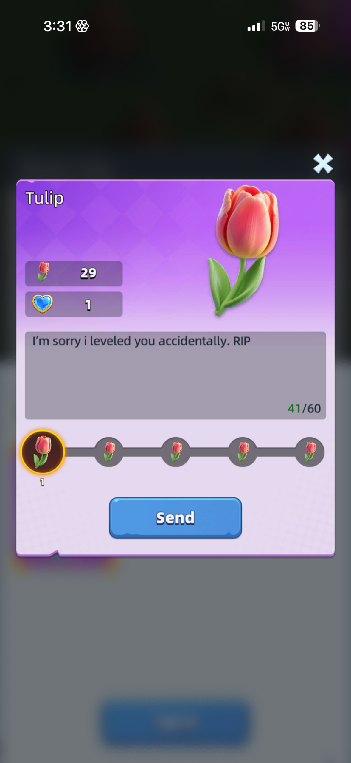 Tulip item card &mdash; I'm sorry I leveled you accidentally. RIP.