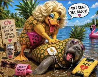 CPR Queen pineapple duck performing CPR on a pineapple manatee (Sea Daddy) on a beach, with an AED nearby